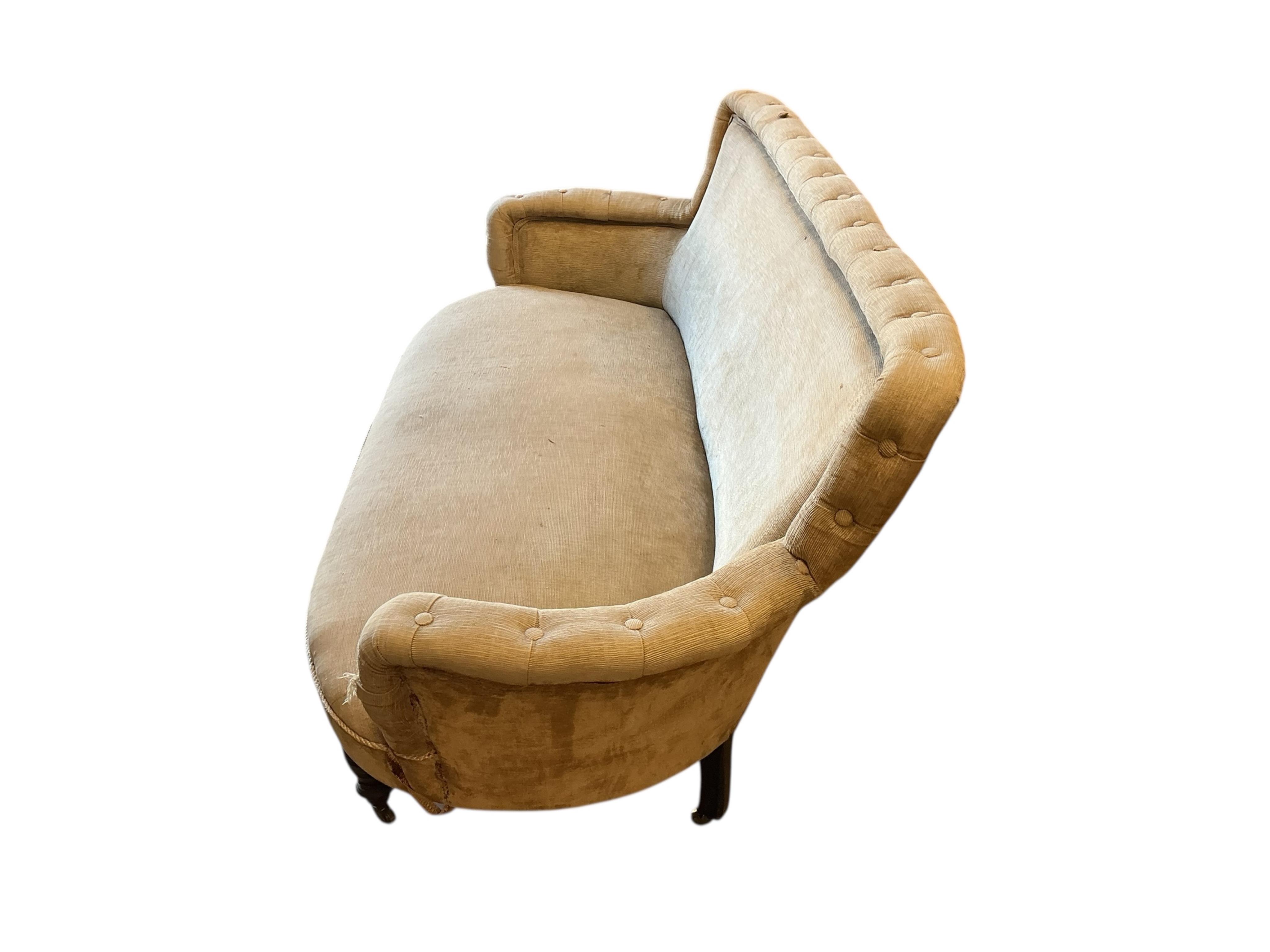 A Victorian upholstered tub framed two seater settee, width 156cm, depth 64cm, height 73cm